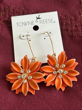 Towne & Reese Bright Orange Floral Drop Earrings with Crystal Centers